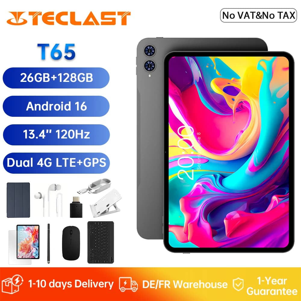 TECLAST T65 Pad Table Unisoc T7280 26GB RAM (6GB+20GB) 128GB ROM 120Hz Display Android 16 8000mAh WiFi 4G LTE Global Version