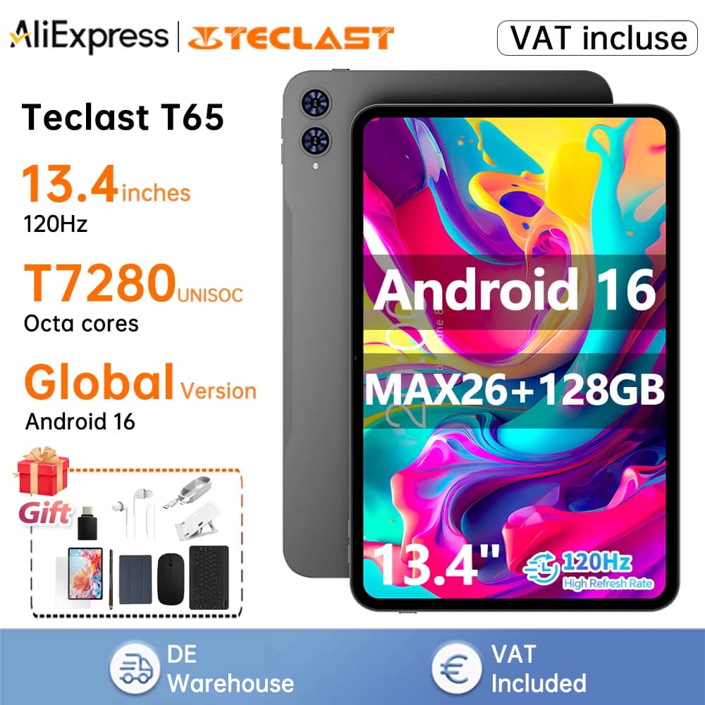 Teclast T65 Tablet 13.4" 2K 120Hz Display Unisoc T7280 Octa Core Max.20+6GB RAM 128GB ROM 8000mAh Android 16 Tablets Dual SIM 4G LTE Bluetooth 5.4, 5MP Front + 13MP AF Rear Camera, Stereo Dual Speakers & Dual Mic