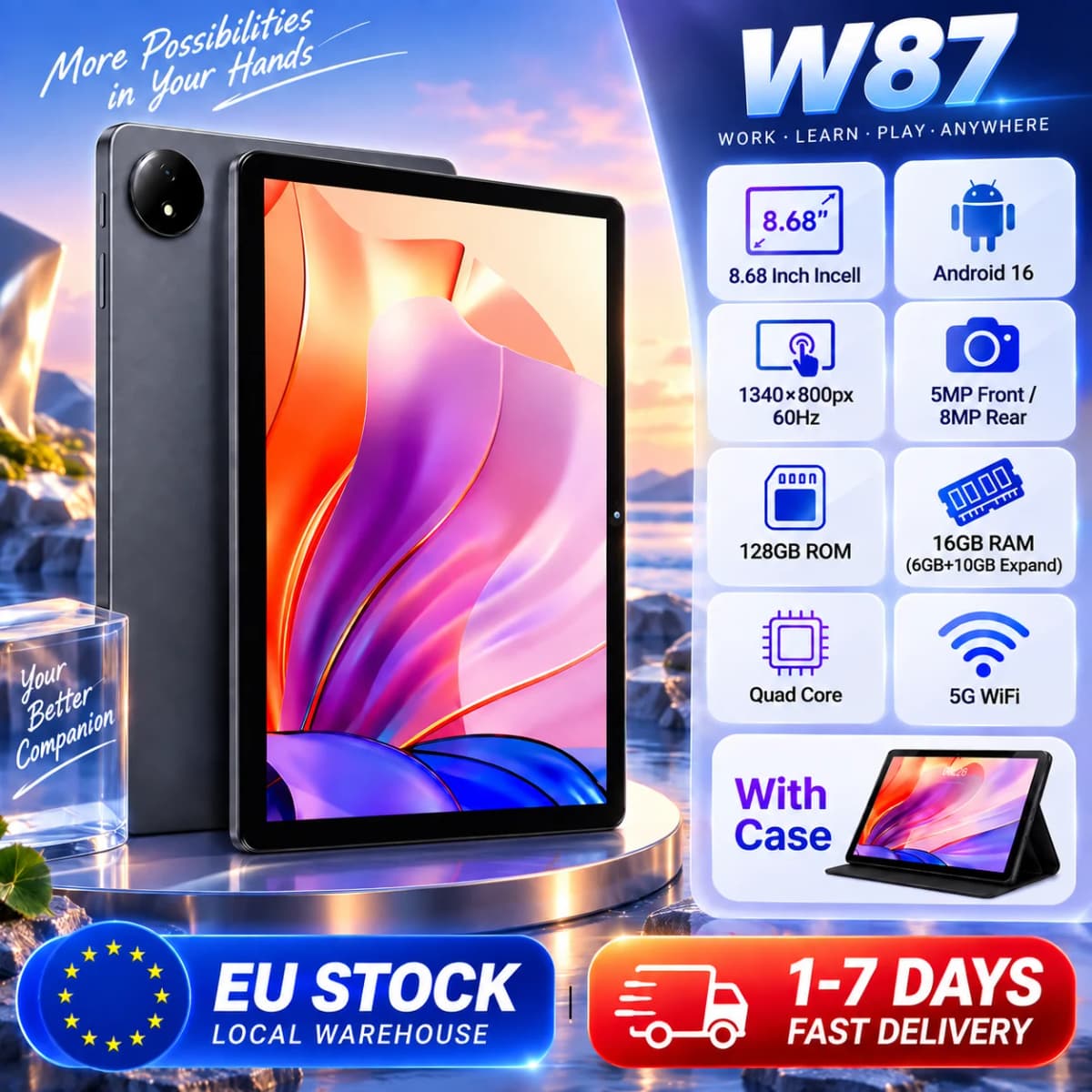 KOOMDIGI Android 16 Tablet 8.68 Inch UHD Incell Screen 1340×800 16GB RAM (6GB+10GB Expand) 128GB ROM 5G WiFi Dual Camera 5000mAh Widevine L1 GPS Google GMS Tablet with Case USB-C Cable Screen Protector