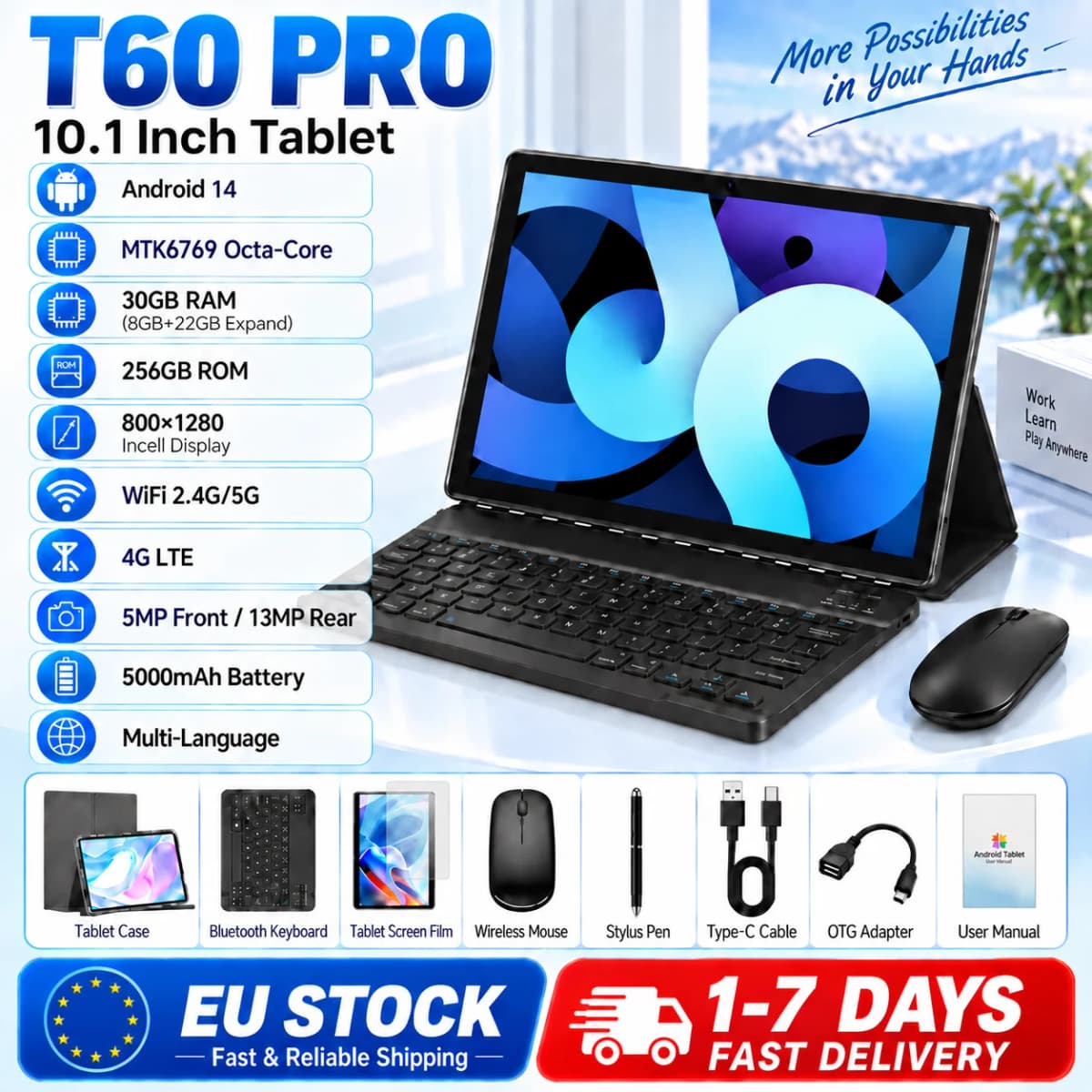 KOOMDIGI T60 PRO Android 14 Tablet 10.1 Inch MTK6769 Octa Core 30GB RAM (8GB+22GB) 256GB ROM 4G LTE 800×1280 Incell Display 5000mAh Tablet PC