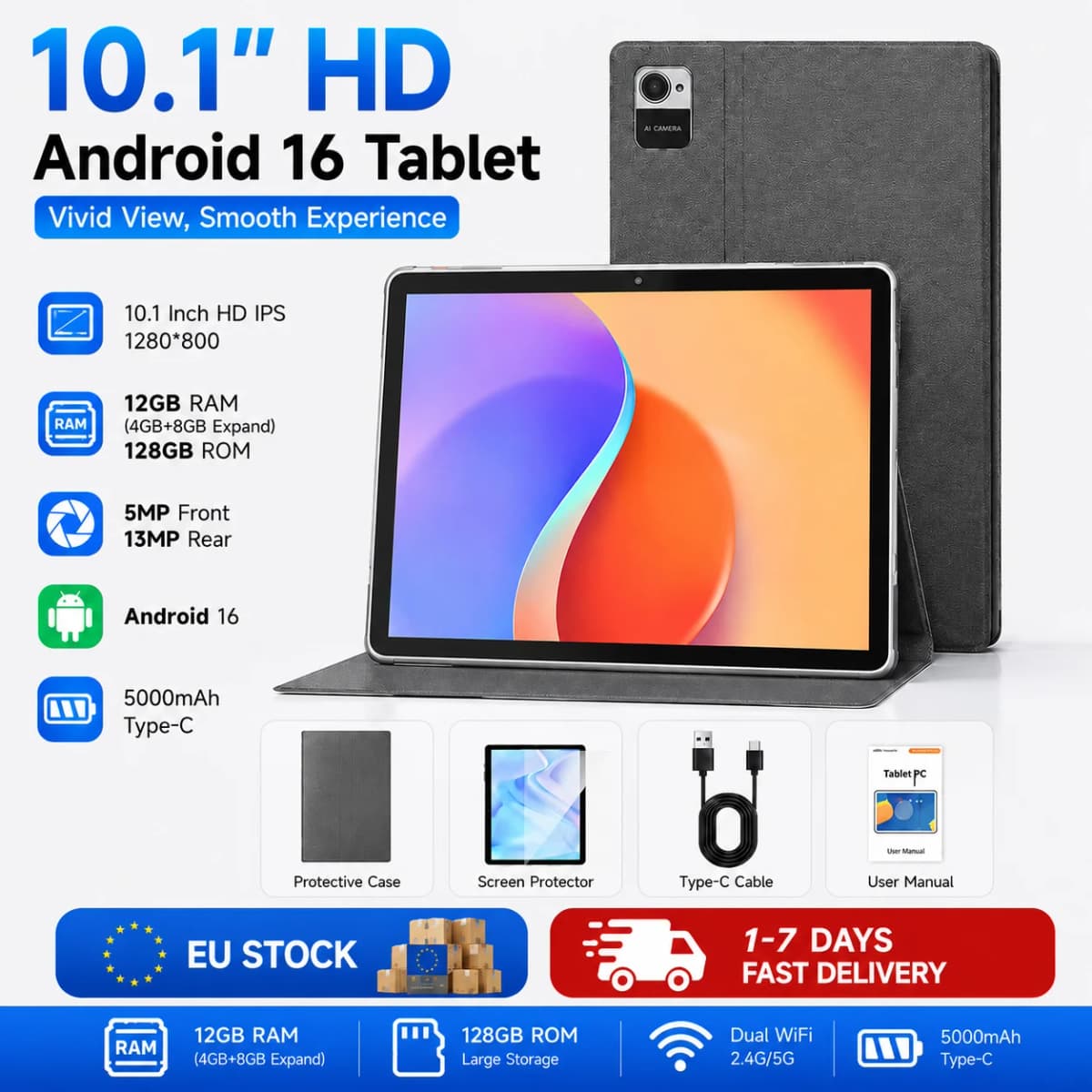 KOOMDIGI W30 Android 16 Tablet 10.1 Inch 12GB RAM (4GB+8GB Expand) 128GB ROM 1280x800 IPS HD Display 5000mAh 13MP Camera WiFi Tablet PC