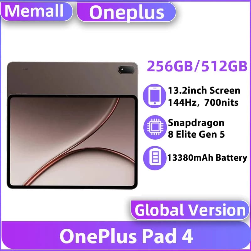 Global Version OnePlus Pad 4 Tablet 13.2" 144Hz Screen Snapdragon 8 Elite Gen 5 13380mAh Wi-Fi 7 256GB 512GB ROM