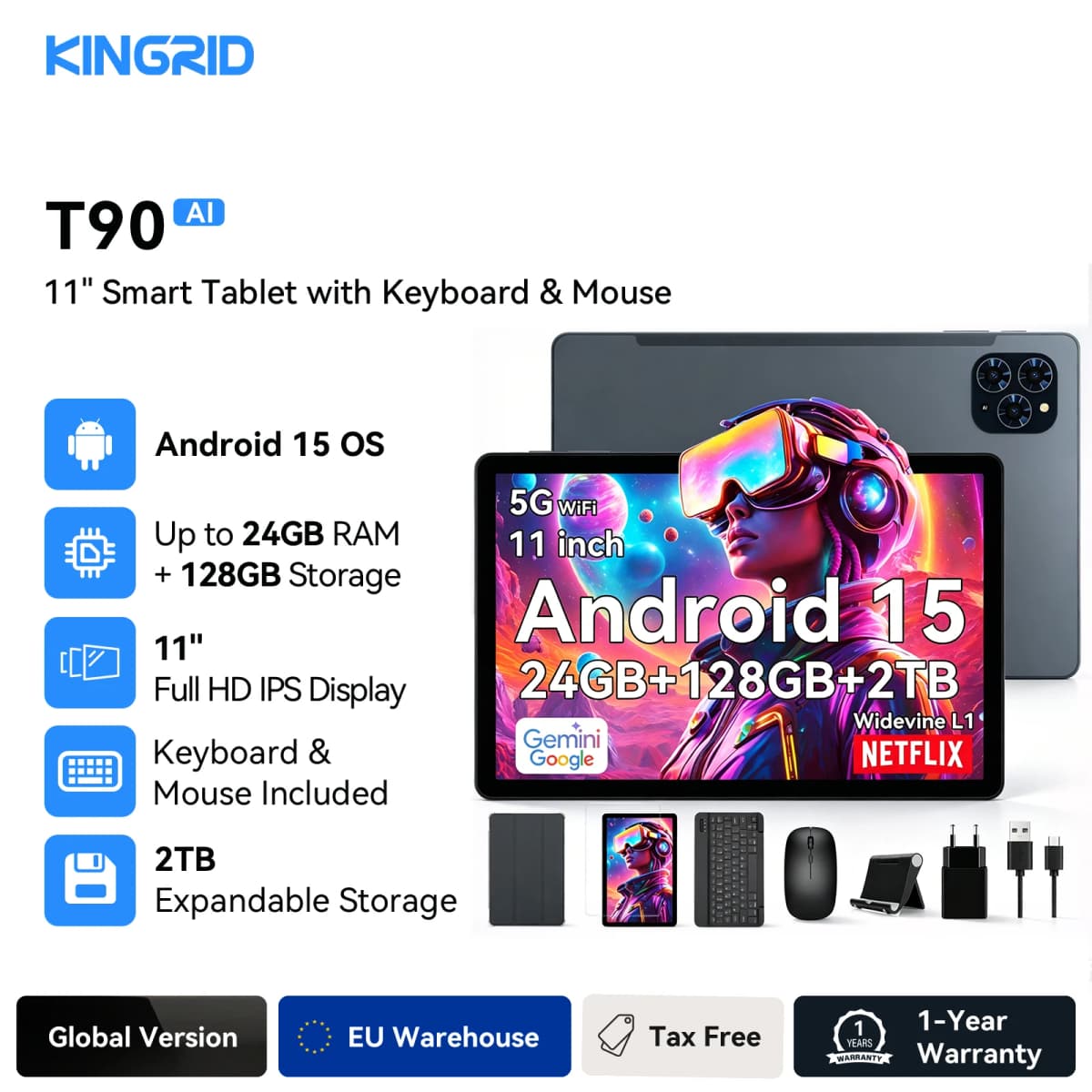 KINGRID T90 Android 15 Tablet PC with BT Keyboard,Mouse - Gemini AI, 24GB (8+16)RAM 128GB ROM, Octa Core T615, Gaming Tablet 11 Inch