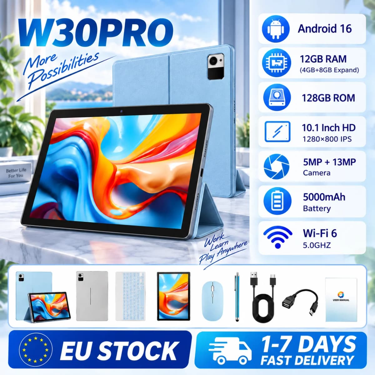 KOOMDIGI W30PRO 10.1 Inch Android 16 Tablet 12GB RAM (4GB+8GB Expand) 128GB ROM 1280×800 IPS 5MP+13MP Dual Camera 5000mAh Tablet PC