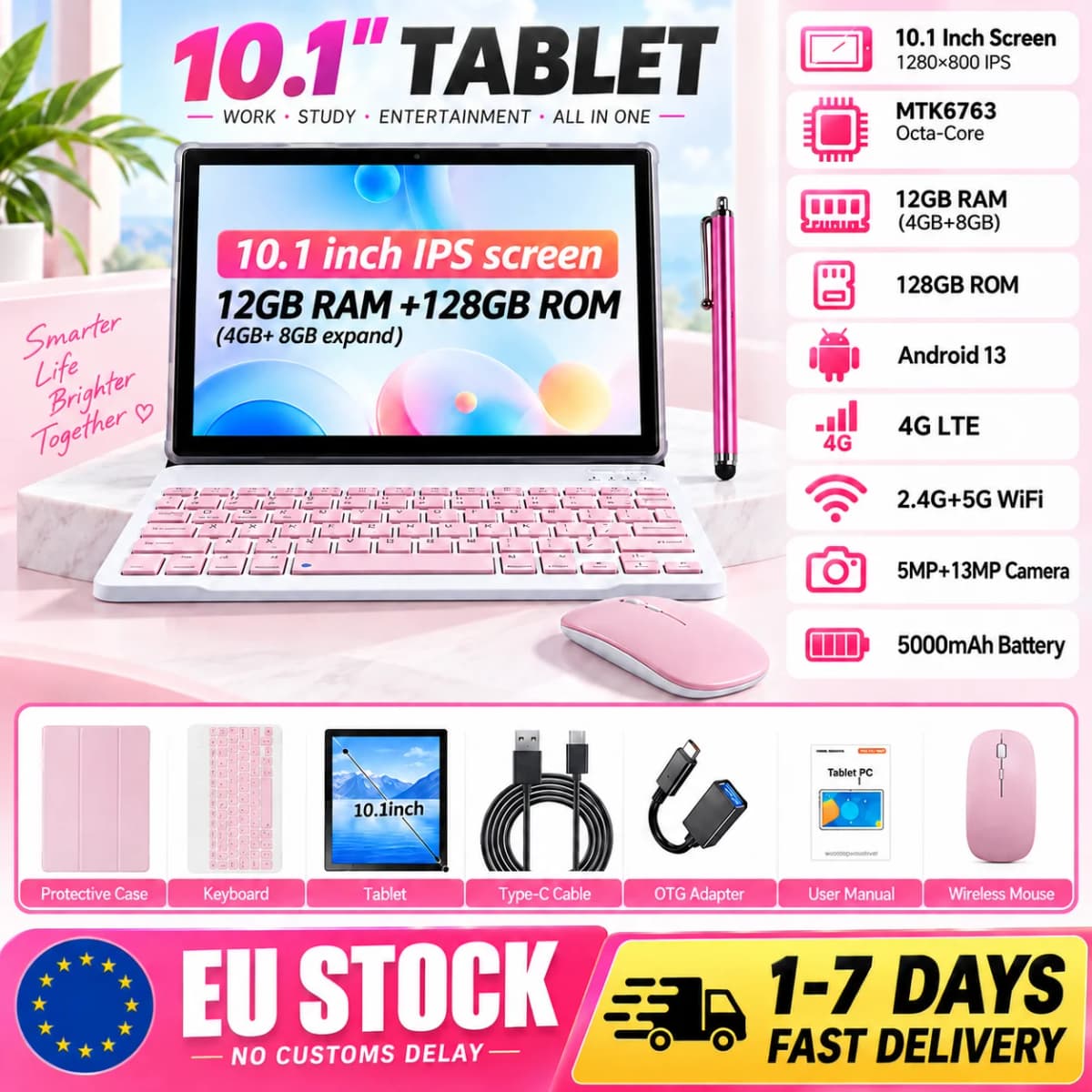 KOOMDIGI T40 10.1 Inch Tablet PC Android 13 4G LTE Octa Core 12GB RAM (4GB+8GB) 128GB ROM IPS Screen 5MP+13MP Dual Camera 2.4G+5G WiFi 5000mAh Battery