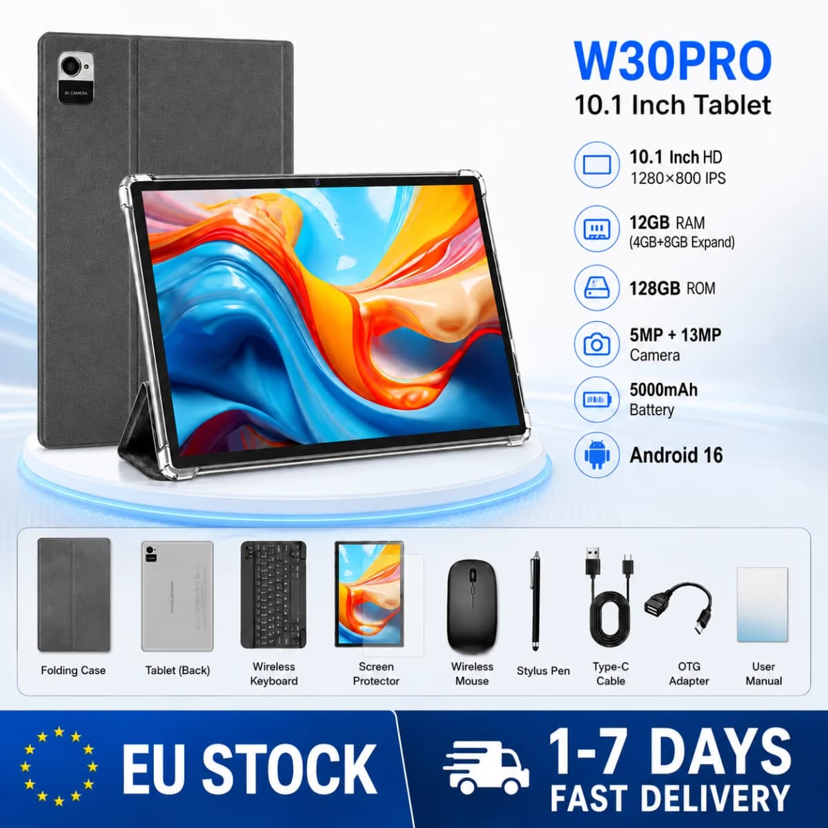 KOOMDIGI W30PRO Android 16 Tablet PC 10.1 Inch 1280×800 IPS Display 12GB RAM (4GB+8GB Expand) 128GB ROM 5MP+13MP Camera 5000mAh