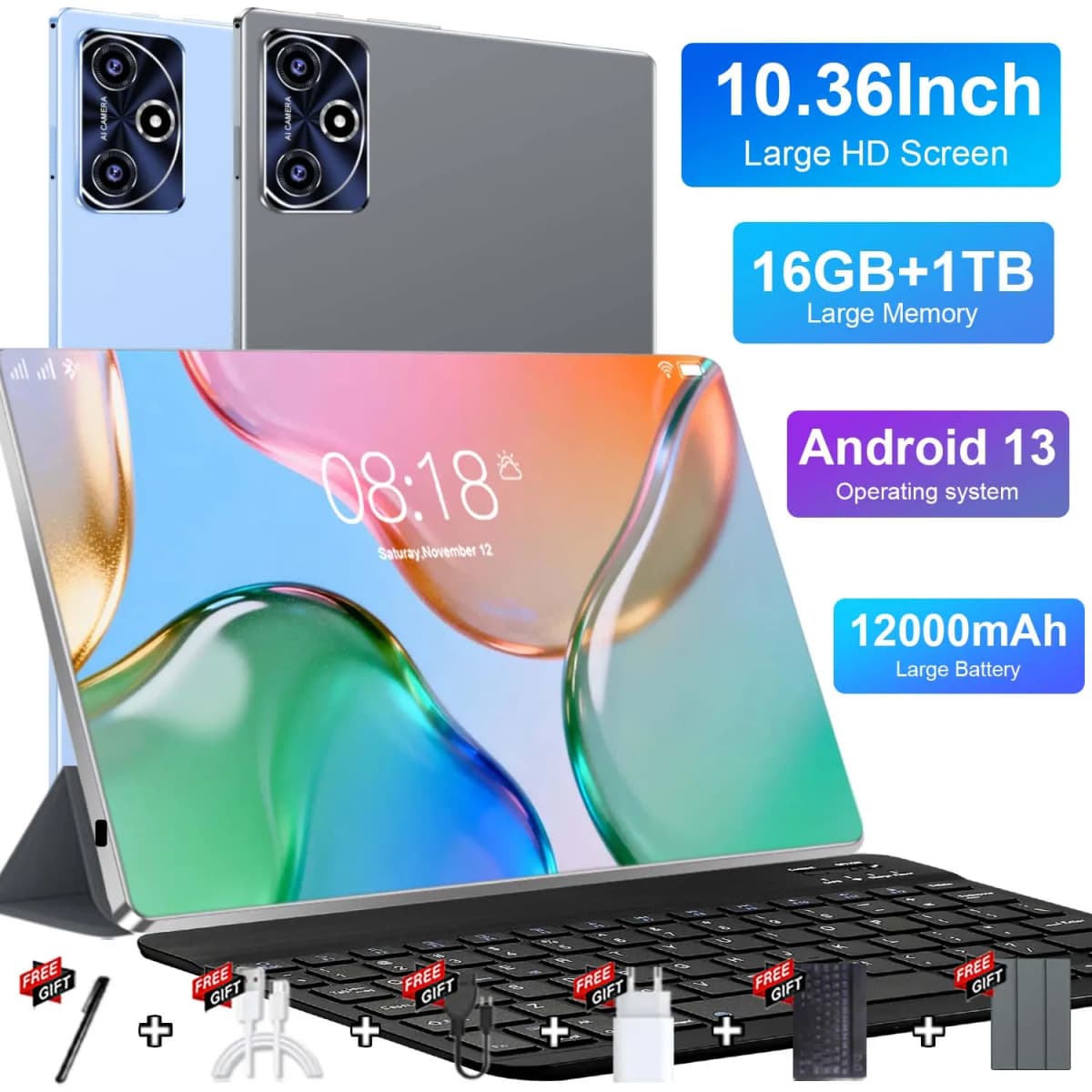 2026 New Android 13 Tablet 16GB RAM 1TB ROM 10 Core Processor 12000mAh Large Battery 16MP+32MP Dual Camera 5G WiFi Portable Tablet for Online Study Video Watching Home Entertainment Daily Use Nice Holiday Gift