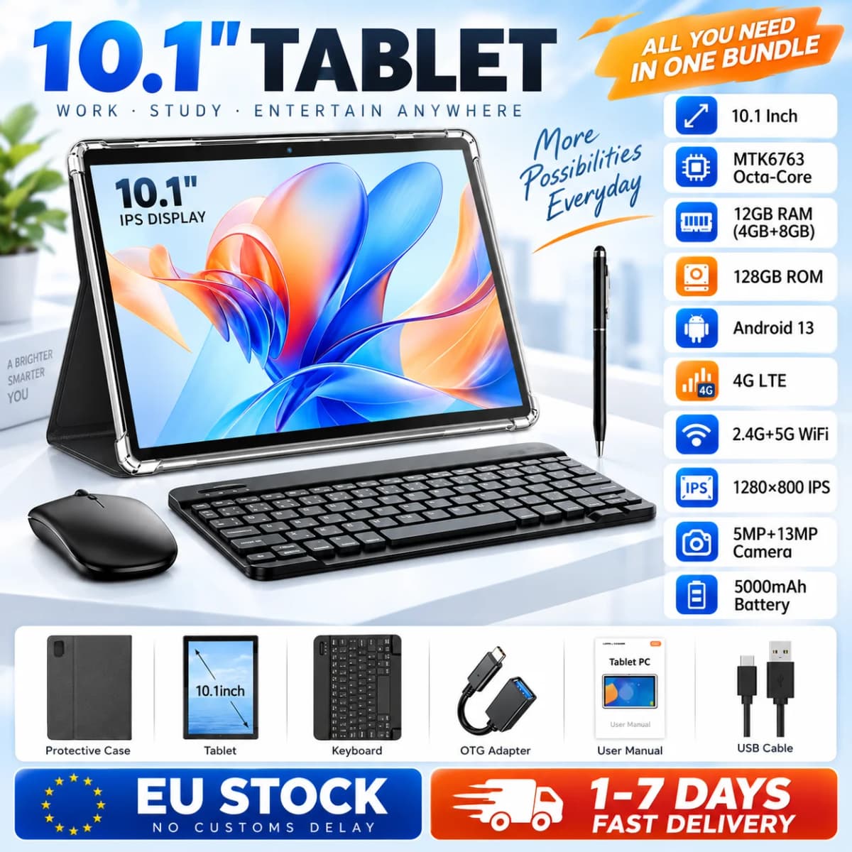 KOOMDIGI T40 Tablet PC 10.1 Inch Android 13 4G LTE Octa Core 12GB RAM (4GB+8GB) 128GB ROM 1280×800 IPS 5MP+13MP Dual Camera 2.4G+5G WiFi 5000mAh Battery