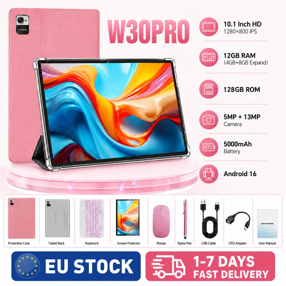 KOOMDIGI W30PRO 10.1 Inch Android 16 Tablet 12GB RAM (4GB+8GB Expand) 128GB ROM Processor 1280×800 IPS HD Screen 5MP+13MP Dual Camera 5000mAh Tablet PC