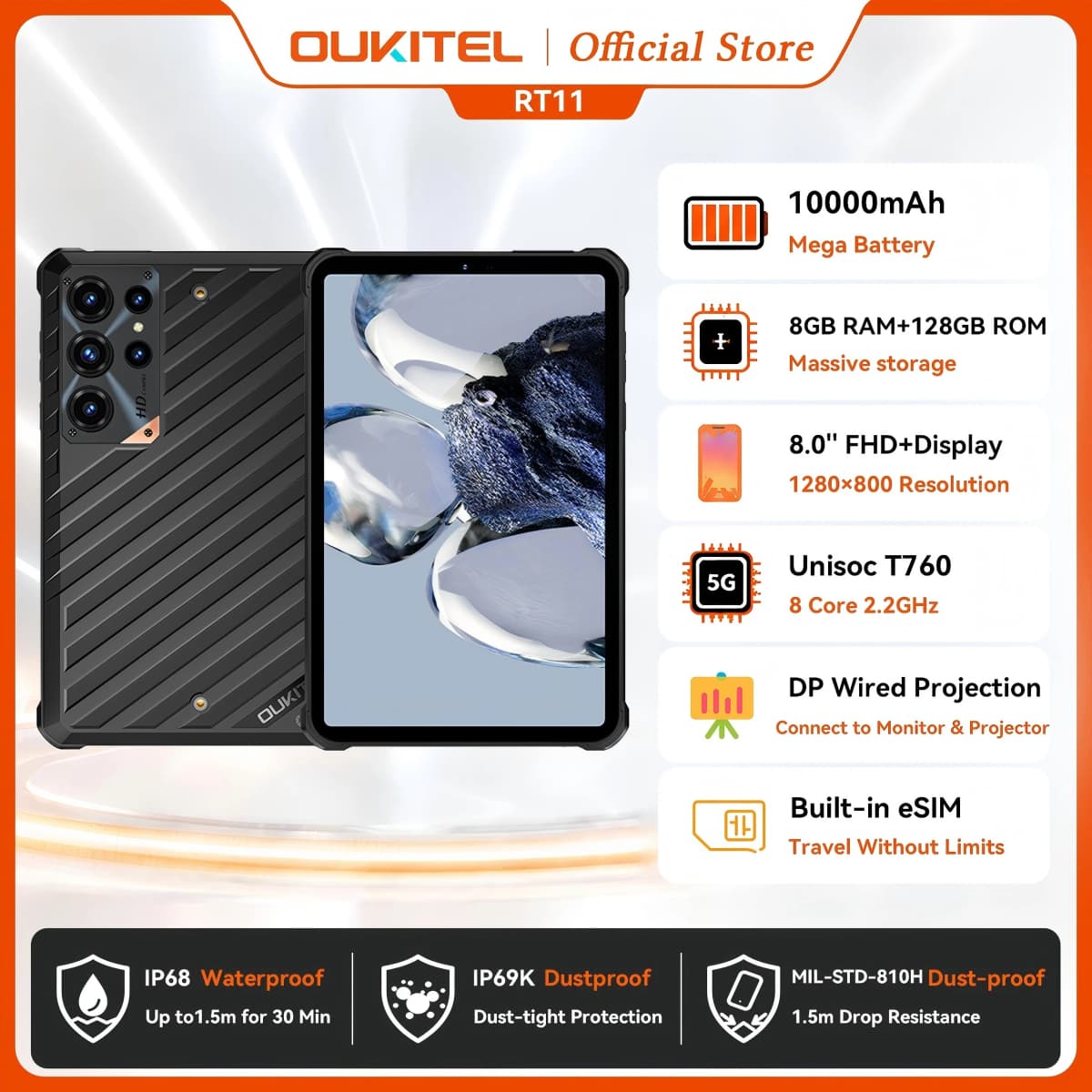 OUKITEL RT11 Rugged Tablet PC 8'' Android Tablet 5G ESIM Tablet 24(8+16)GB+128GB IP68 IP69K Waterproof Shockproof 10000mAh