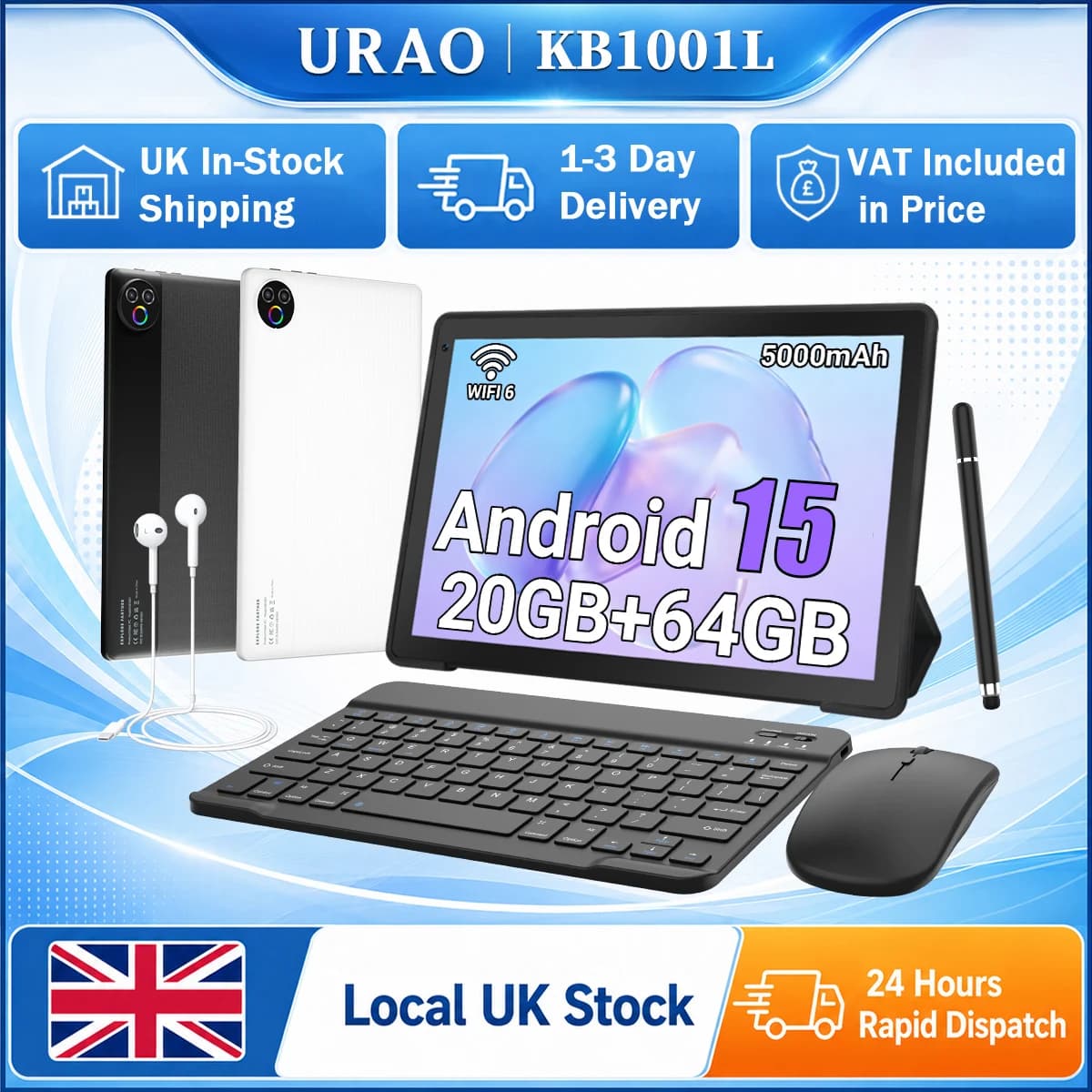 URAO KB1001L 10.1 Inch HD Tablet PC A333 Five-Core Processor Widevine L1 DRM Android 15 20GB(3+17GB) RAM 64GB ROM 5000mAh Battery Front 2MP Rear 5MP Camera All Accessories Kit Kids Study Gaming Streaming Tablet