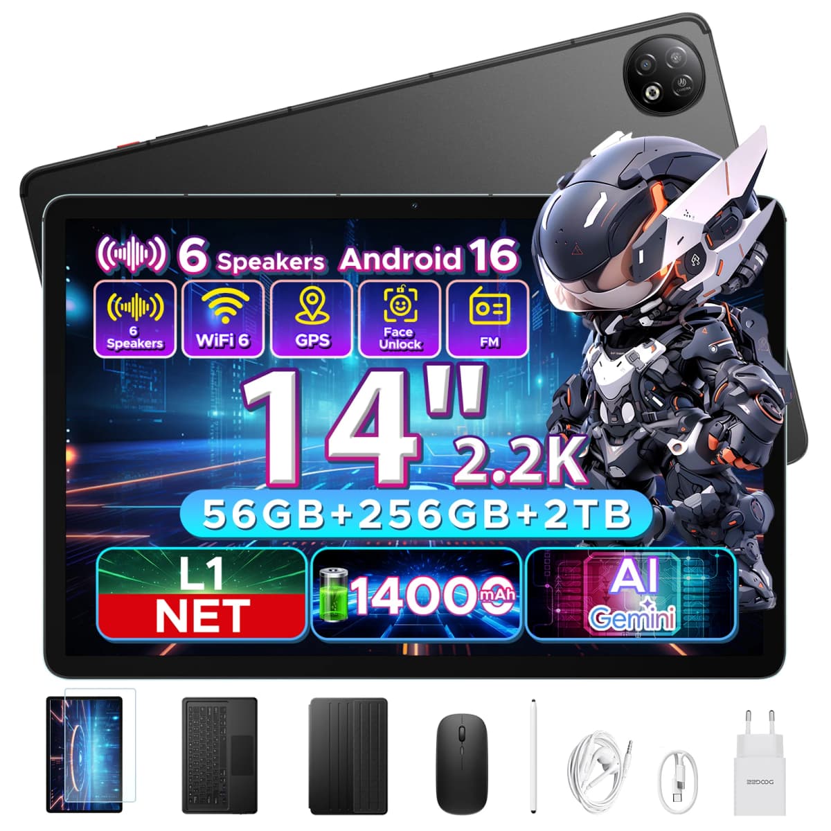 DOOGEE U14 2 in 1 WIFI Tablet PC Gemini Ai 14 Inch 2.2K Incell Screen 14000mAh Battery 56GB RAM (8+48) 256GB ROM 16MP Main Camera Widevine L1 Supports Smart Tablets