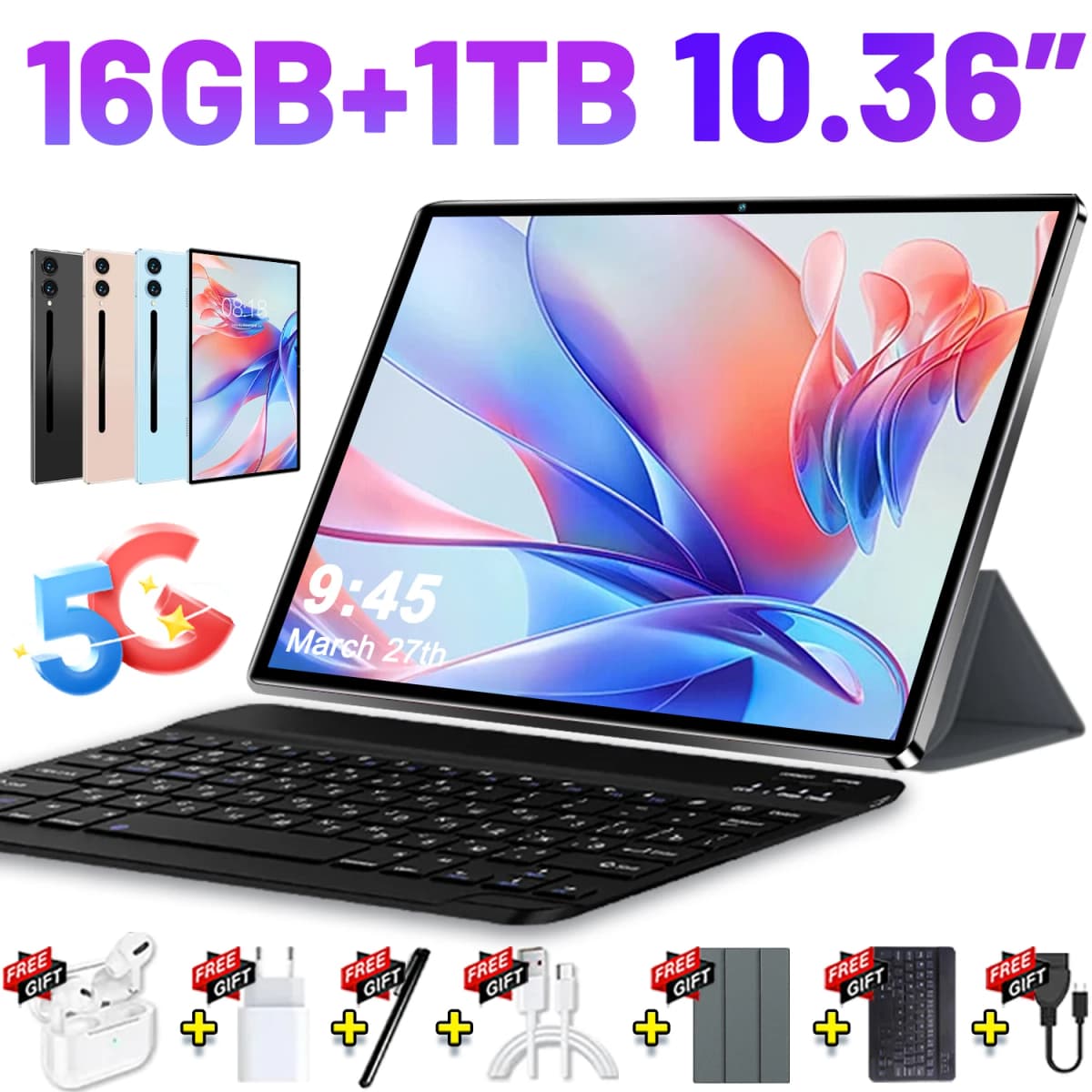 16MP 32MP Dual Camera 2025 5G Tablet 10.36 Inch Android13.0 16GB 1TB 20000mAh WiFi Bluetooth Dual SIM GPS With Keyboard