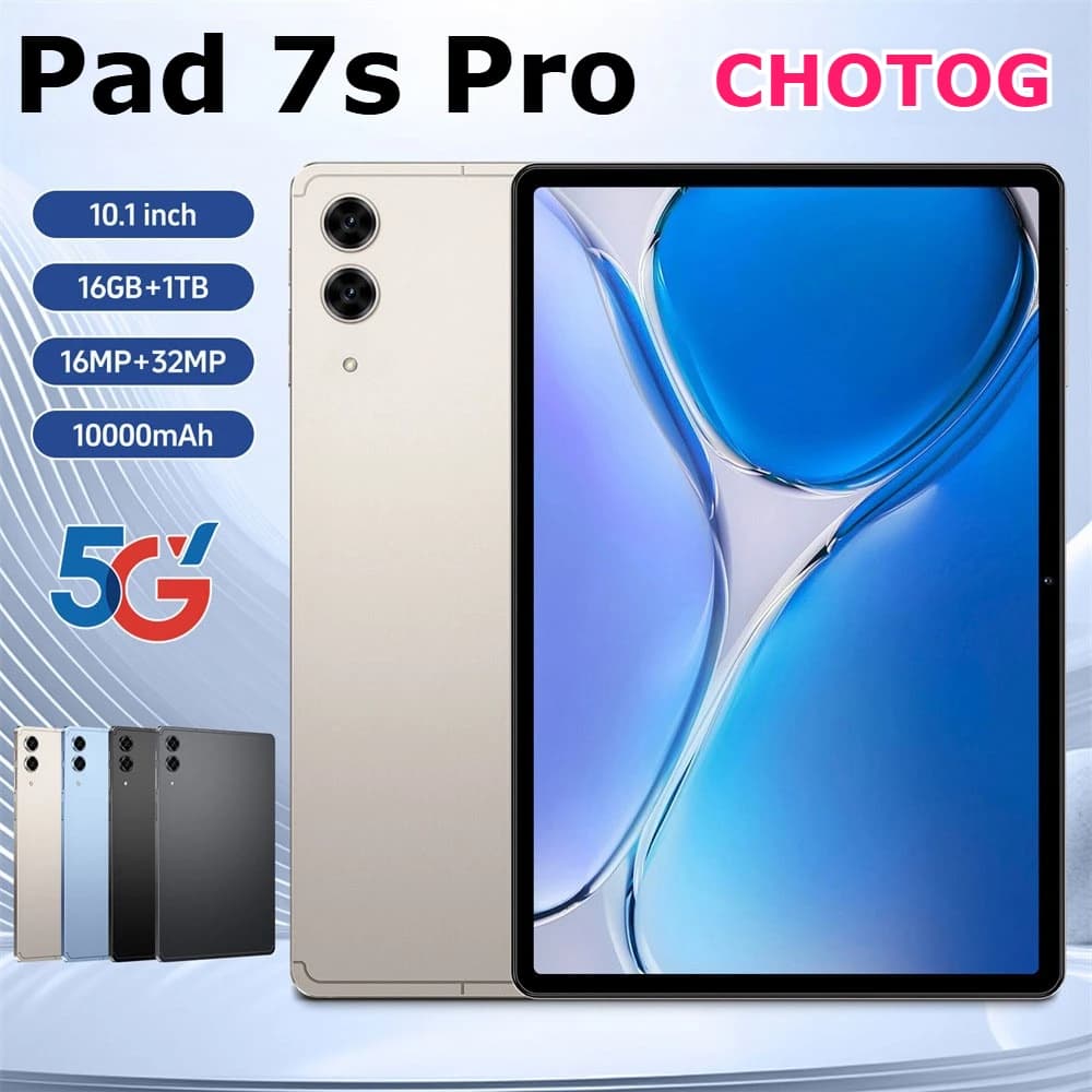 CHOTOG NEW Pad 7s Pro Tablet Android 15 Tab PC 10.1 Inch 16+32MP Camera 10000mAh Face Unlocked 5G Dual SIM Long Battery Wifi GPS Tablets For Men Women