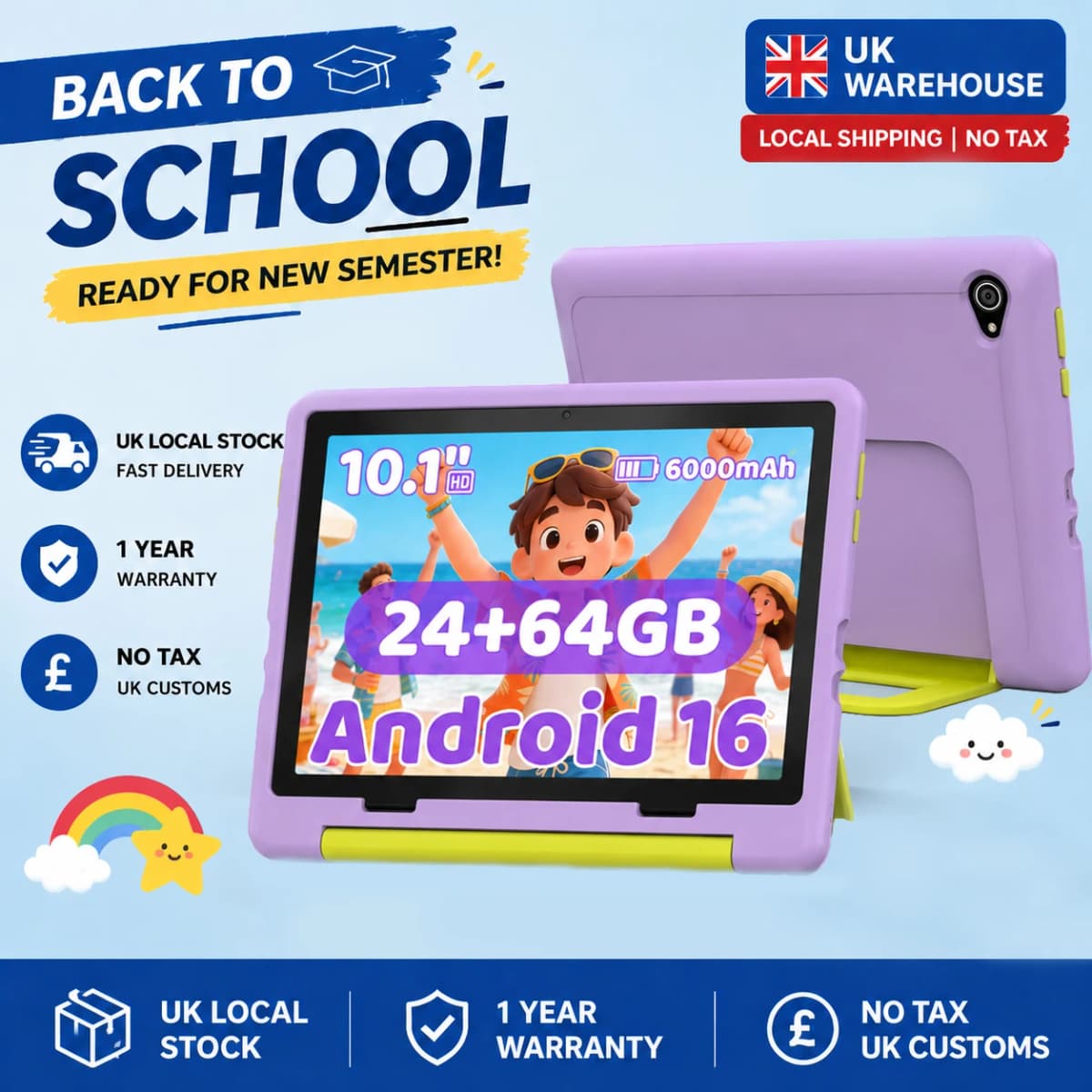 URAO KB1016 10.1 Inch Kids Tablet PC 20GB RAM 64GB ROM Android 16 IPS HD 800*1280 Display 5000mAh Children Learning Tablet Support TF Card 1TB Expand Back To School Educational Kids Tablet Purple & Blue