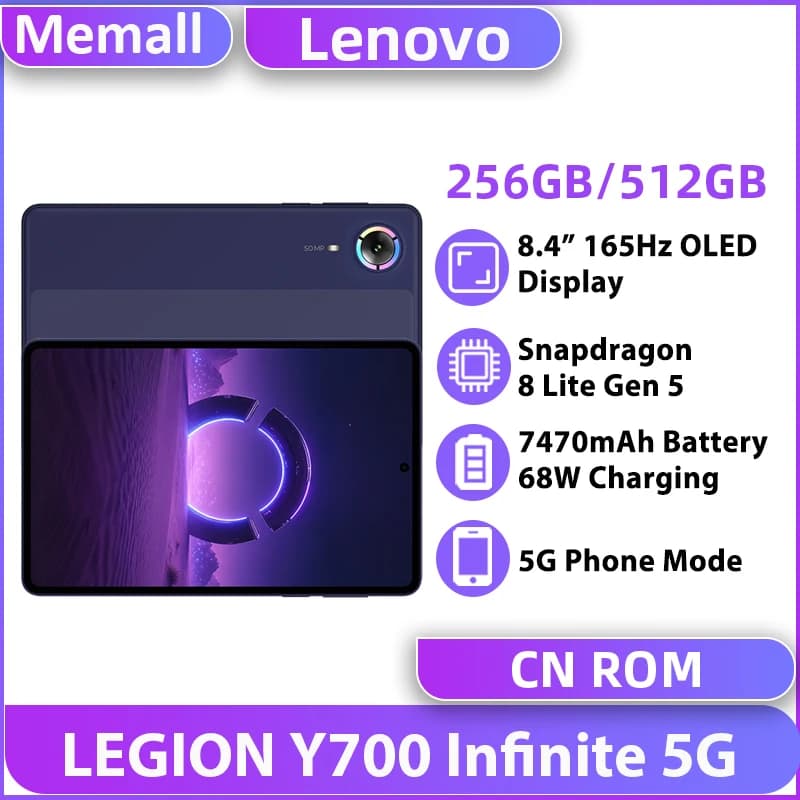 Lenovo Legion Y700 Infinite 5G Phone Mode Tablets Snapdragon 8 Elite Gen 5 8.4" 165Hz Display Android 16 7470mAh Battery