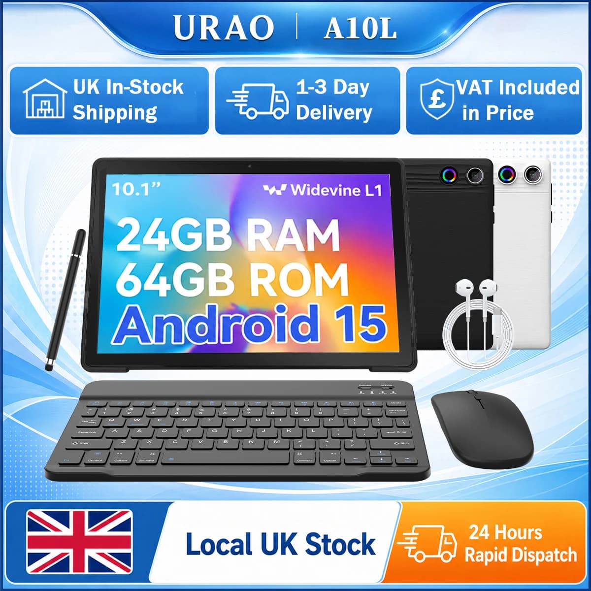 URAO A10L 10.1in Octa-Core Tablet Widevine L1 Full HD Streaming Support Updated Android 15 24GB Virtual RAM 64GB Storage 5000mAh Battery All Black Complete Accessory Bundle Portable Entertainment Tablet for UK