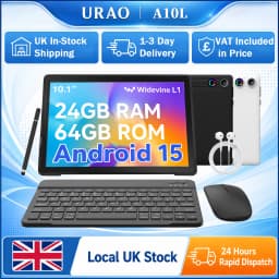 URAO A10L 10.1in Octa-Core Tablet Widevine L1 Full HD Streaming Support Updated Android 15 24GB Virtual RAM 64GB Storage 5000mAh Battery All Black Complete Accessory Bundle Portable Entertainment Tablet for UK