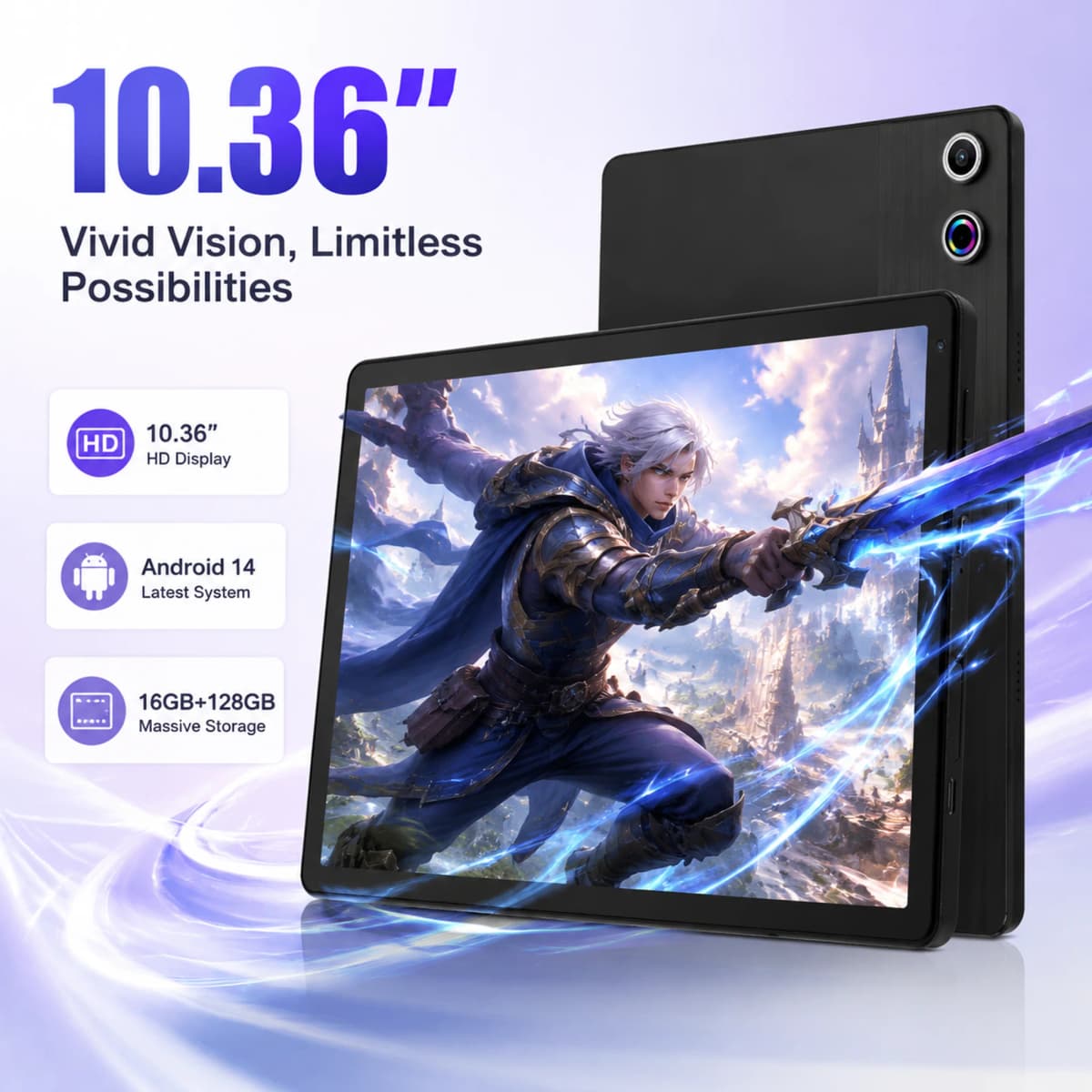 URAO 10.36 Inch Octa-Core Tablet Android 14,16GB RAM 128GB ROM 1280*800 HD LCD Tablet PC Dual Camera TF Card Expand 1TB 5000mAh WIFI Learning Entertainment Tablet