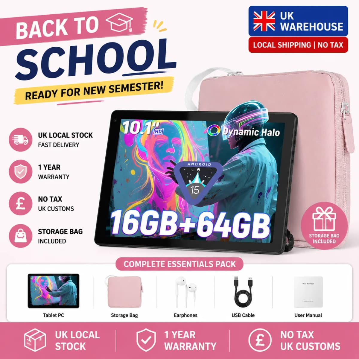 URAO 10.1" Android 15 Five-Core Tablet 20GB RAM 64GB HD LCD with Storage Carry Bag for Student School Travel Learning Kit