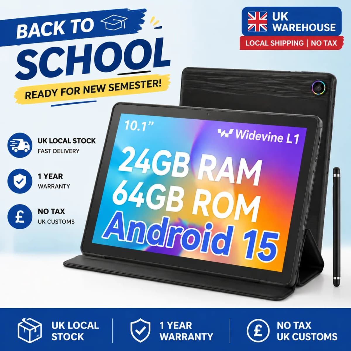 10.1 Inch Android 15 Tablet PC 24GB RAM 64GB ROM Octa Core Tablet with Widevine L1 WiFi Tablet for Students Back to School UK Stock