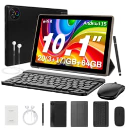 10.1 Inch Android 15 Tablet PC 20(3+17)GB RAM 64GB ROM A333 Five‑Core HD LCD 5000mAh Adult Tablet Full Set with Keyboard Mouse Case Stylus Pen Headphones Black White