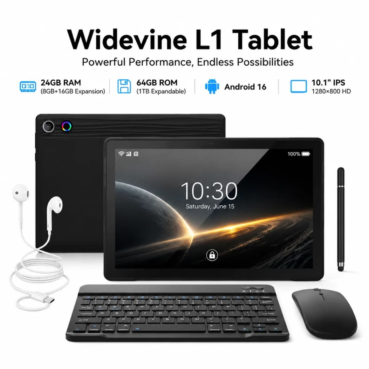 10.1 Inch Android 16 Tablet Bundle 24GB(3+21) RAM 64GB ROM A333 Five-Core Tablet PC With Keyboard Protective Case Stylus Pen Mouse Earphone Charger 6000mAh Widevine L1 Black Tablet Set
