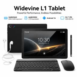 10.1 Inch Android 16 Tablet Bundle 24GB(3+21) RAM 64GB ROM A333 Five-Core Tablet PC With Keyboard Protective Case Stylus Pen Mouse Earphone Charger 6000mAh Widevine L1 Black Tablet Set