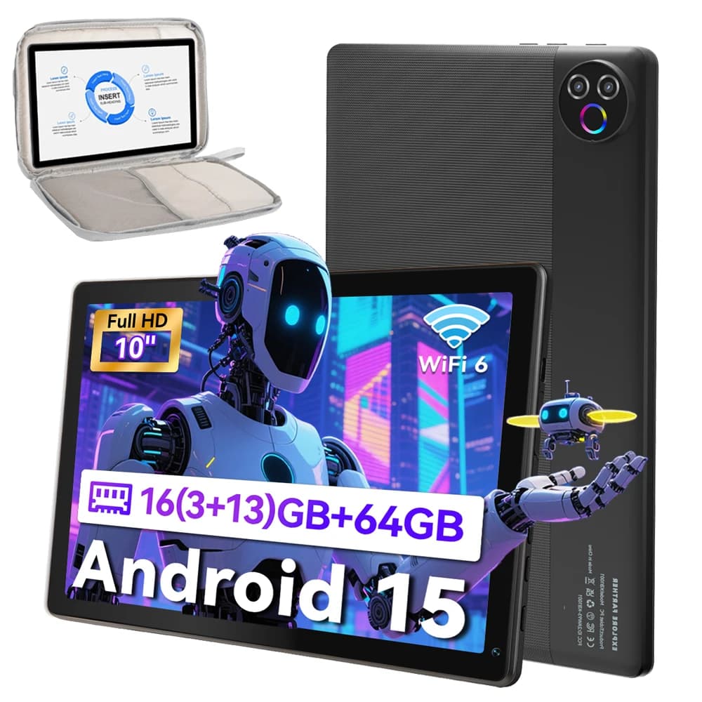 10.1 Inch Android 15 Tablet PC A333 Five‑Core 16GB(3+13GB) RAM 64GB ROM HD LCD Screen 5000mAh Support TF‑Card 1TB Expand Two Options:Only Tablet / Tablet With Storage Pouch Black White