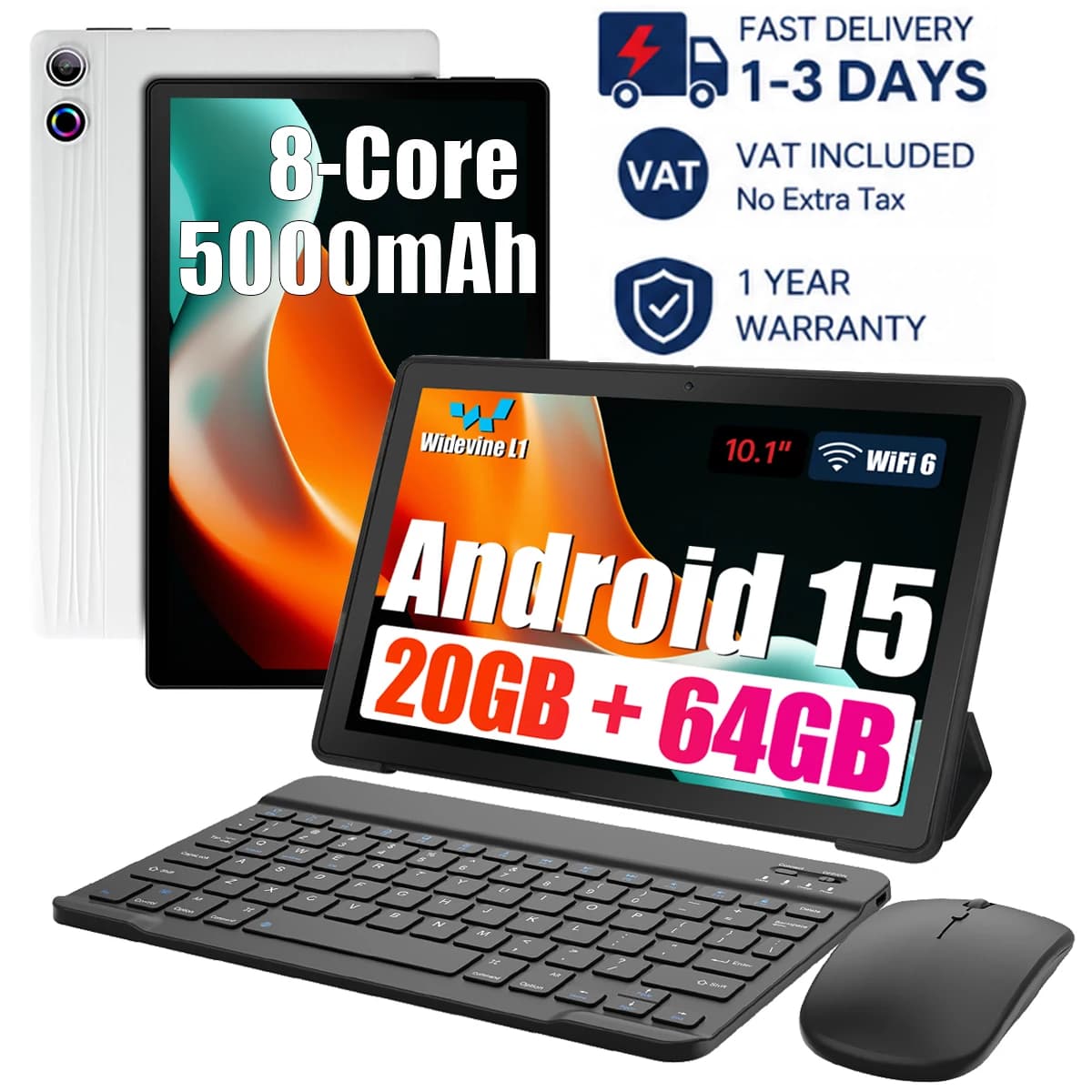 A10L Octa Core Android Tablet PC 10.1 Inch HD LCD Laptop Style Tablet Android 15 24GB(4+20 Virtual) RAM 64GB ROM 5000mAh Type‑C Complete Full Accessories Set Portable Tablet PC For Home Study Entertainment