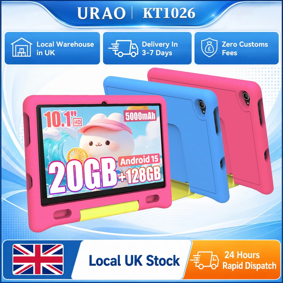 URAO KT1026 10.1 Inch Kids Octa Core Tablet PC Widevine L1 Certified Android 15 20GB(3+17GB Virtual) RAM 128GB ROM 5000mAh HD 1280*800 Screen Pink Blue Purple 3 Colors Children Learning Tablet TF 1TB Expand Streaming Education Tablet