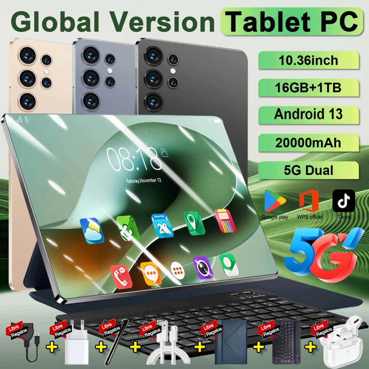 All-Round 10.36 Inch Android 13 Tablet, 14 Core Processor, 16Gb Ram 1Tb Rom, 20000Mah Battery, 5g Dual Sim Wifi, 16Mp+32Mp Cameras for Gaming, Video Streaming, and Daily Office Work