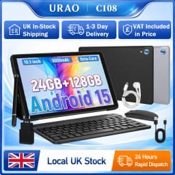 URAO C108 10.1 Inch Narrow Bezel Octa Core Tablet PC Android 15 24GB(4+20GB Virtual) RAM 128GB ROM 5000mAh HD 800*1280 Screen Dual Camera Full Set with Keyboard Mouse Stylus Case Earphone 1TB TF Expand Learning Office Tablet