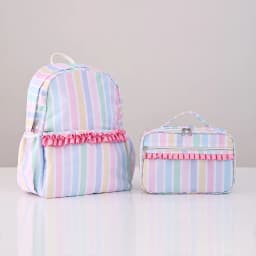 Rainbow Striped Backpack Light Colored Schoolbag With Adjustable Shoulder Straps And Pink Pleated Lace Design Fashion