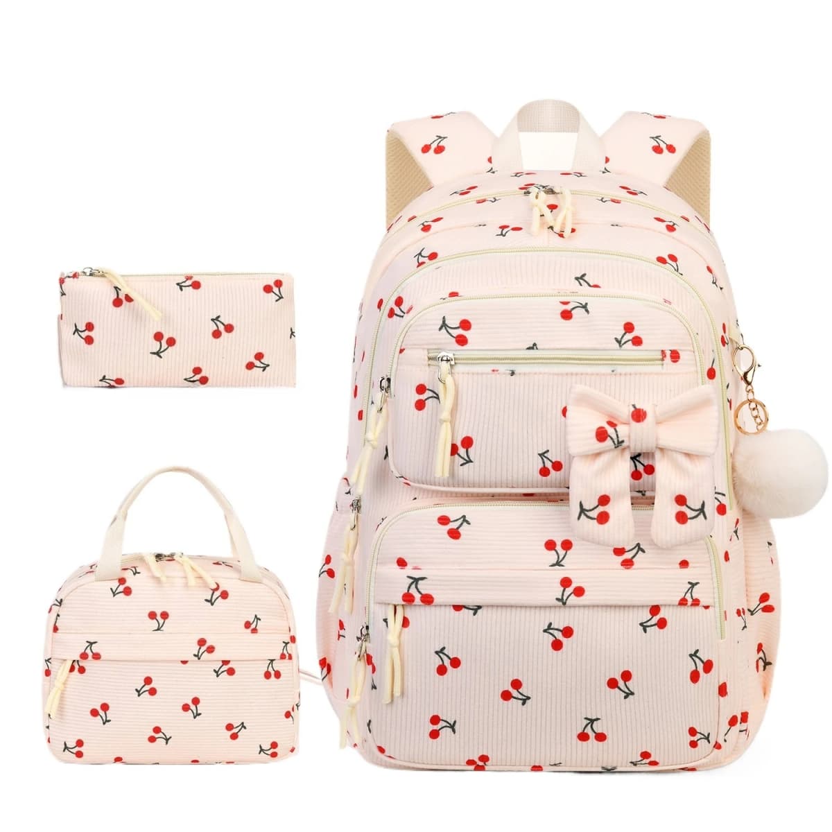 3pcs/set school backpack for girls cherry pattern primary school girl Corduroy backpack kids bookbag lunch bag pencil bag set