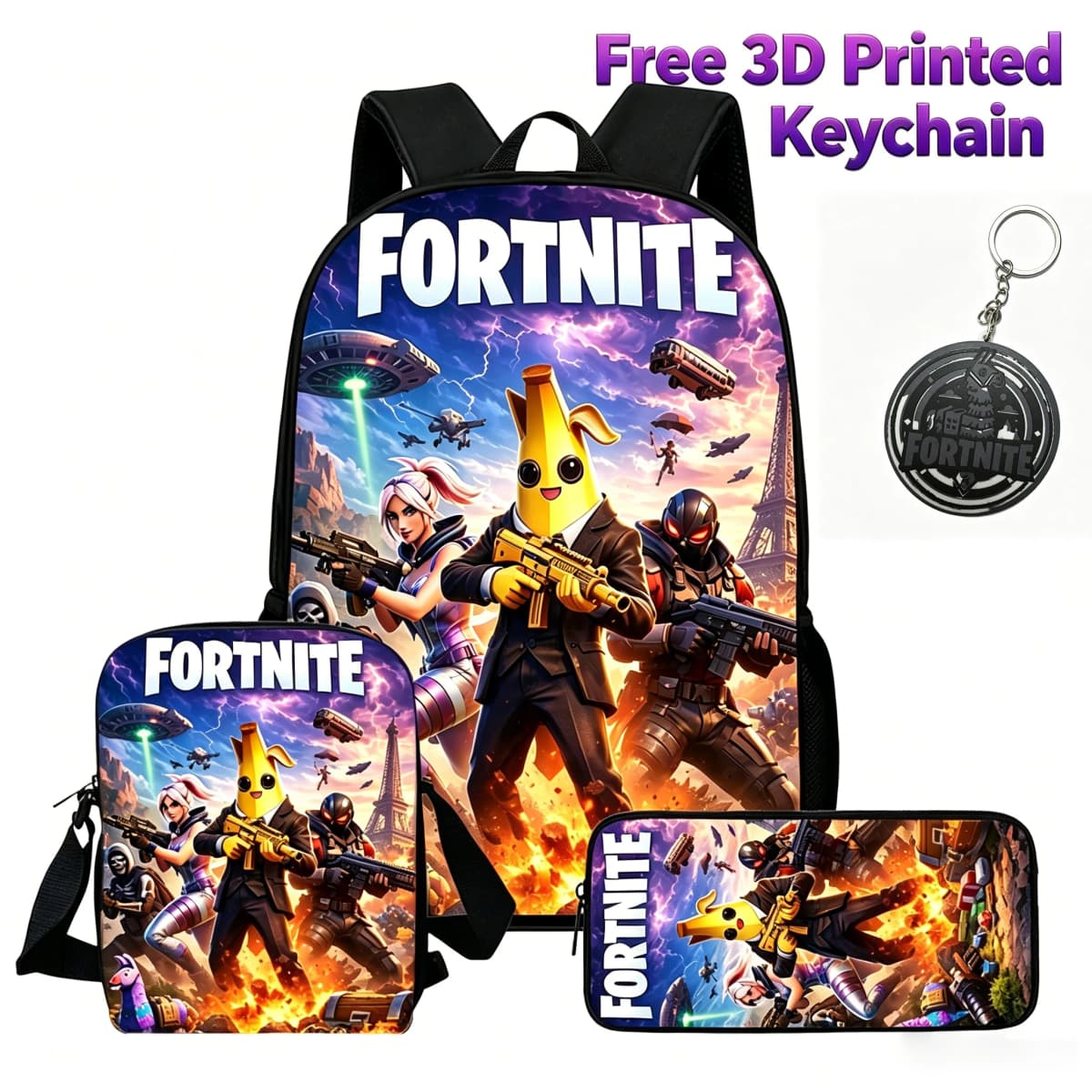 3Pcs Kids Backpack Set, Crossbody & Pencil Bag, FORTNITE Cartoon Bag, Lightweight for Boys Girls 6-10, Free 3D Printed Keychain