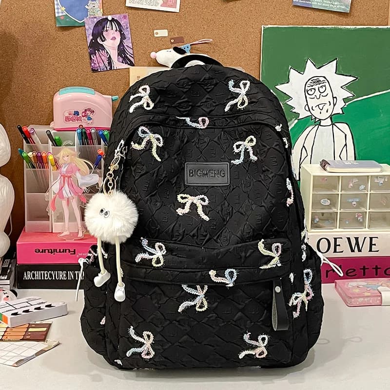 Colorful Bow Full Print Ruched Fabric Backpack Four Colors Available Large Capacity Girls Junior High High School School Bag