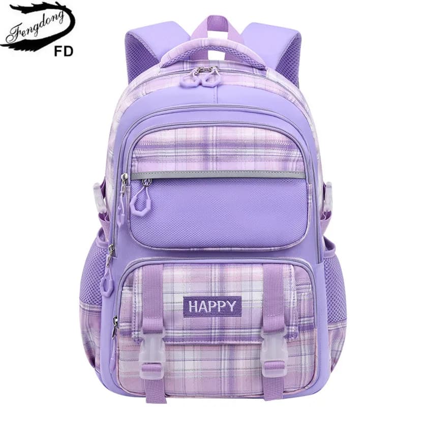 purple school bags for kids plaid book bag pink waterproof School backpacks for girls large capacity backpack with many pockets