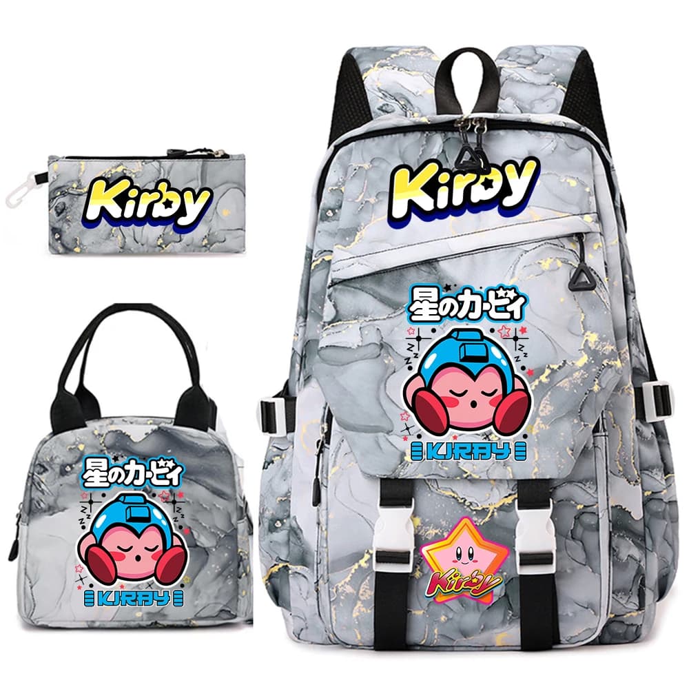 Kirby Cartoon Print Student Backpack Set for Girls with Lunch Bag and Pencil Case School Bookbag Lightweight Daypack