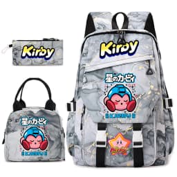 Kirby Cartoon Print Student Backpack Set for Girls with Lunch Bag and Pencil Case School Bookbag Lightweight Daypack