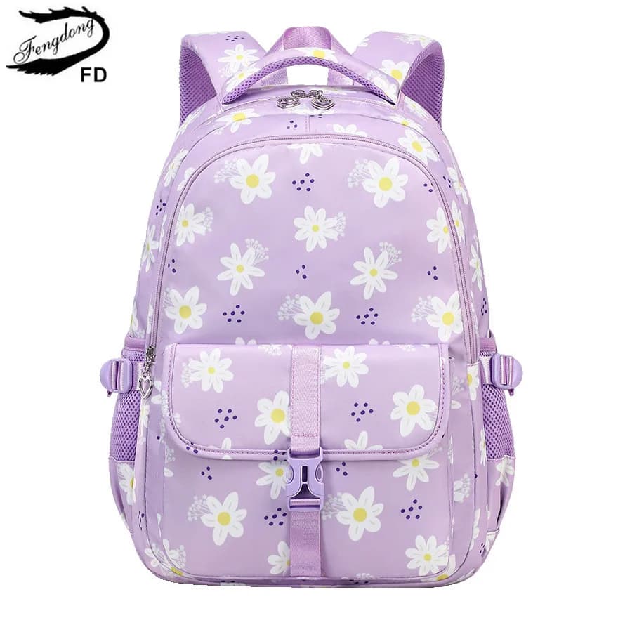 Large Capacity School Backpack for Girls Elementary Middle School Bags Purple Bookbag Student Flower Backpack with Many Pockets