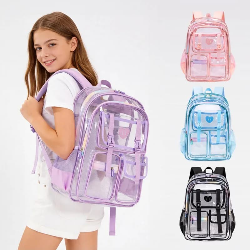 Fashion Transparent PVC Backpack for Girls Kids Clear School Bag Lightweight See Through Bookbag for Children Daily School Trave