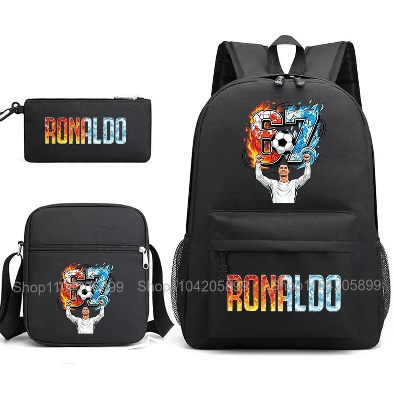 CR7 Ronaldo Backpack Football 67 Print School Bag With Shoulder Bag & Pencil Case For Student Boys Gift Daily Travel Rucksack