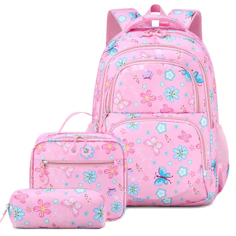 3pcs/set Flower Butterfly Prints School Backpack for Girls Bookbag set Elementary Middle School Student Backpack with Lunch Box
