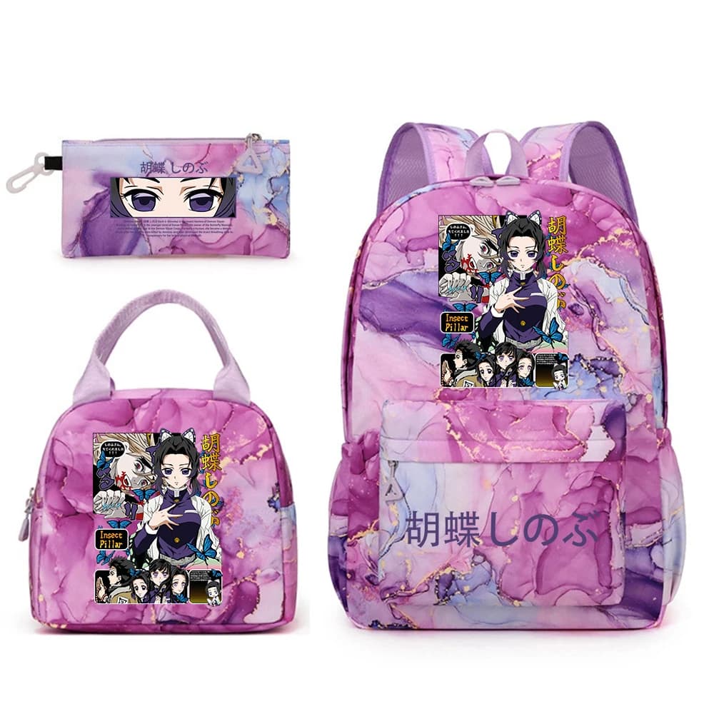 Kochou Shinobu Print School Backpack Set with Lunch Bag Pencil Case for Girls Kids Student Bookbag