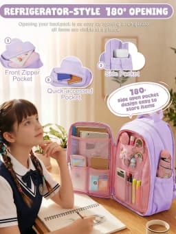Girls School Bags Kids Backpack with Fridge Door, Elementary School Backpack, Lightweight School Backpack for Girls Ages 8-10