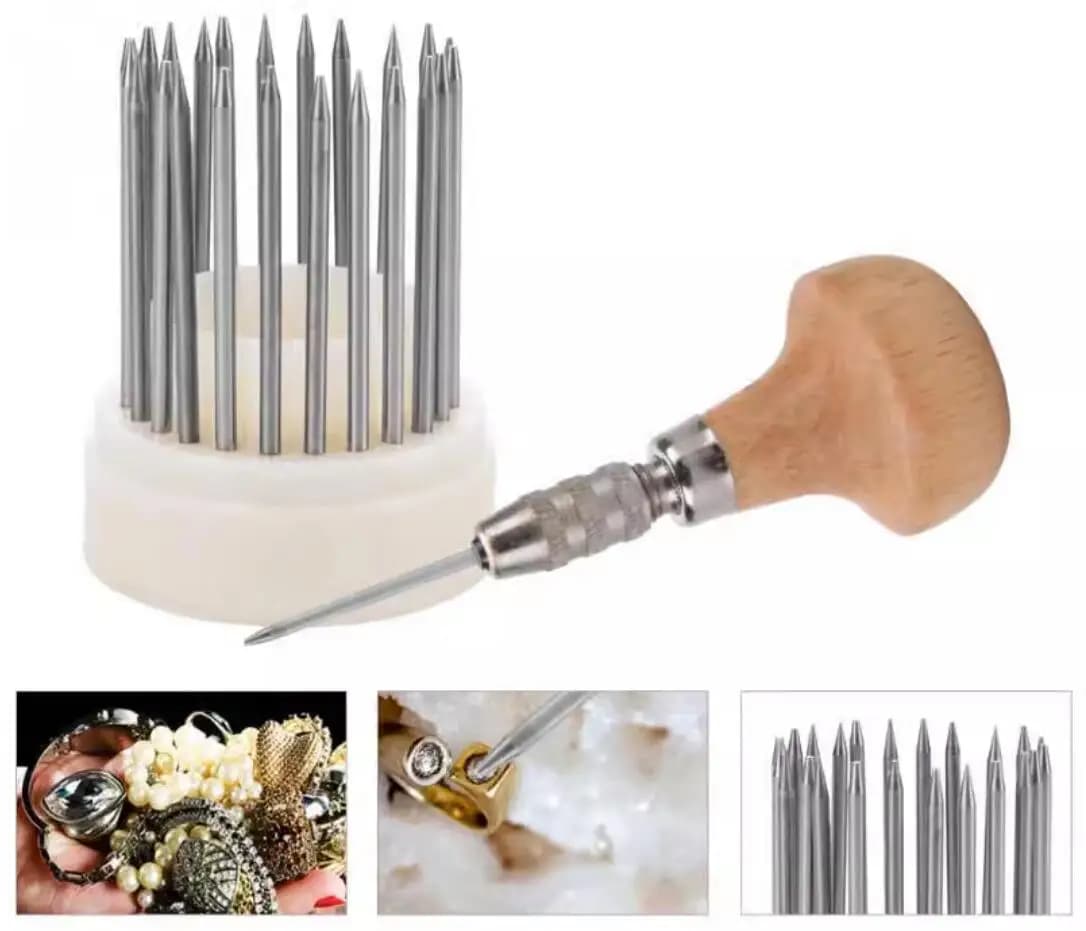 23pcs Beading tool Set Diamond Stone Pearl Grain Tools Set Beader with Wood Handle Jewelry Making Tool for Goldsmith Jeweler