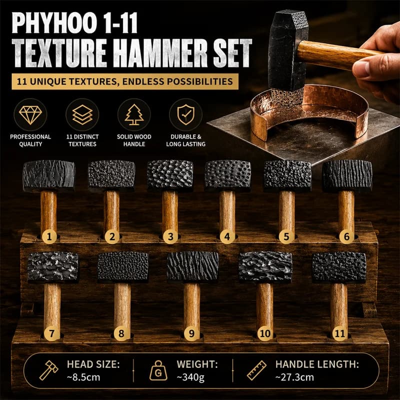 PHYHOO Professional Metal Texture Hammer for Jewelry Making Premium High Carbon Steel Texturing Craftsmith Tool with Wood Handle