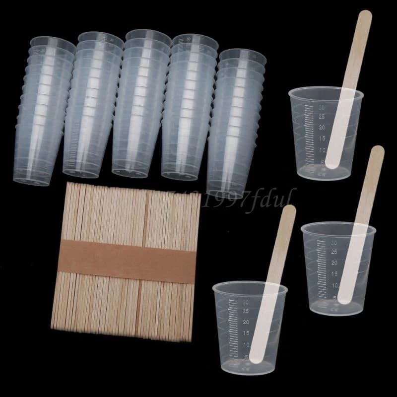 50Pcs 30ml Plastic Graduated Cups Clear Scale Cups with 50 Pcs Wooden Stirring Sticks for Mixing Paint Epoxy Resin Tools
