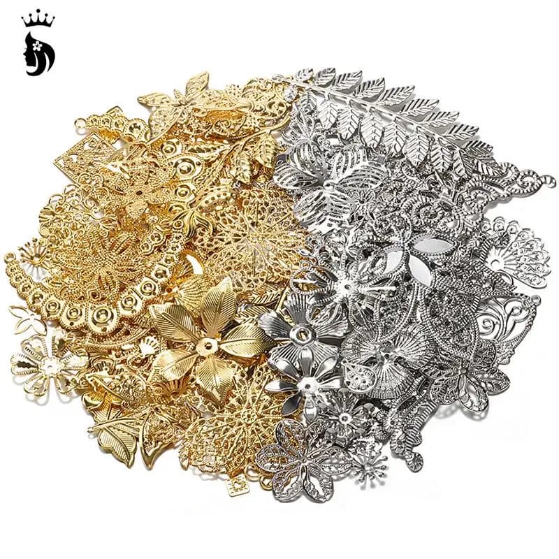 50g Mixed Metal Flower Leaves Filigree Wraps Connectors Pendant Beads Caps Charms for DIY Jewelry Making